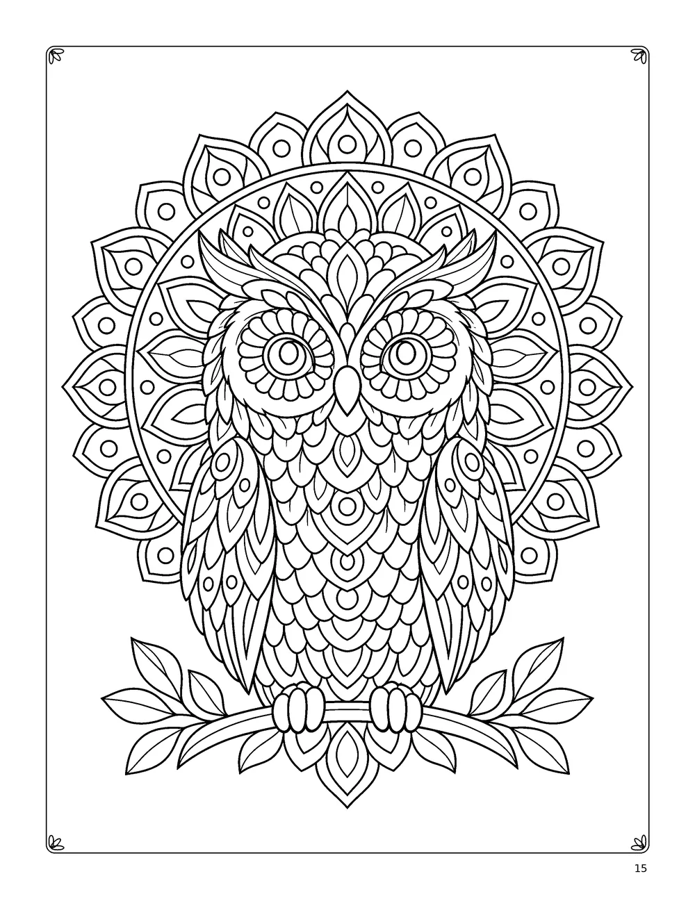Coloring page: an owl on a branch inside a detailed mandala.