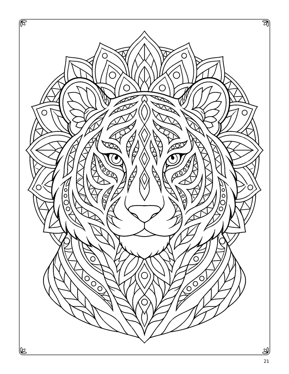 Coloring page: a tiger’s face filled with intricate patterns.