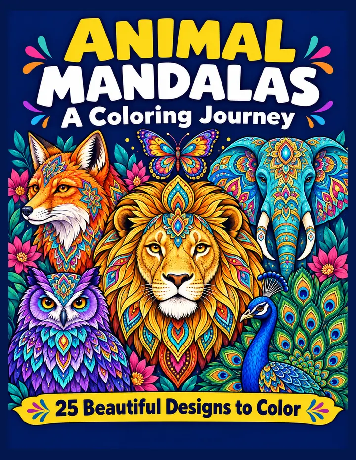 Front cover of Animal Mandalas: A Coloring Journey, showing a colorful lion, fox, owl, elephant and peacock drawn in mandala patterns on a navy background.