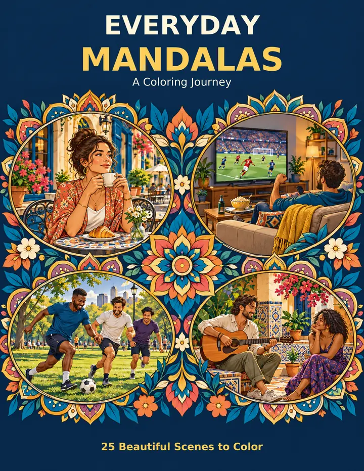 Front cover of Everyday Mandalas: A Coloring Journey, showing colorful scenes of a woman with coffee, football on TV, friends playing football and friends with a guitar, framed by mandalas.